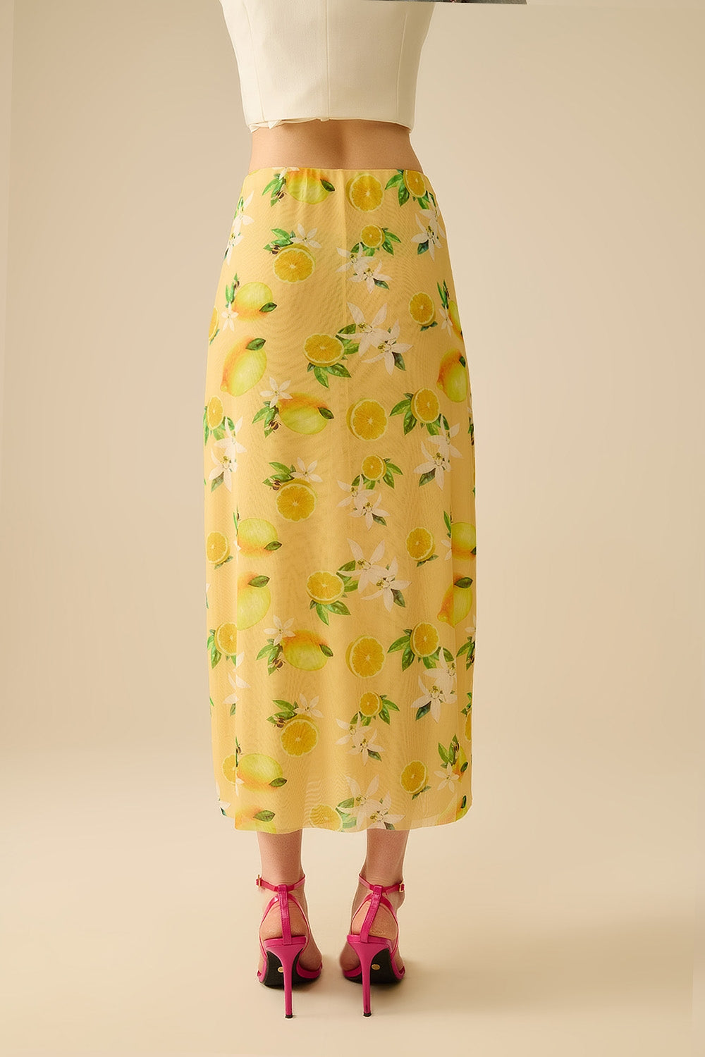 Yellow Fitted midi skirt with lemon print in mesh fabric