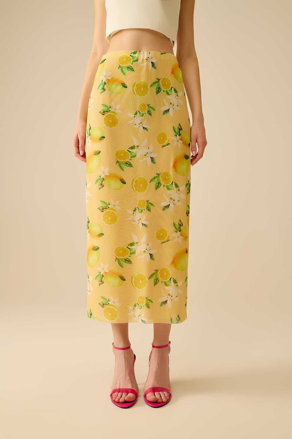 Q2 Yellow Fitted midi skirt with lemon print in mesh fabric
