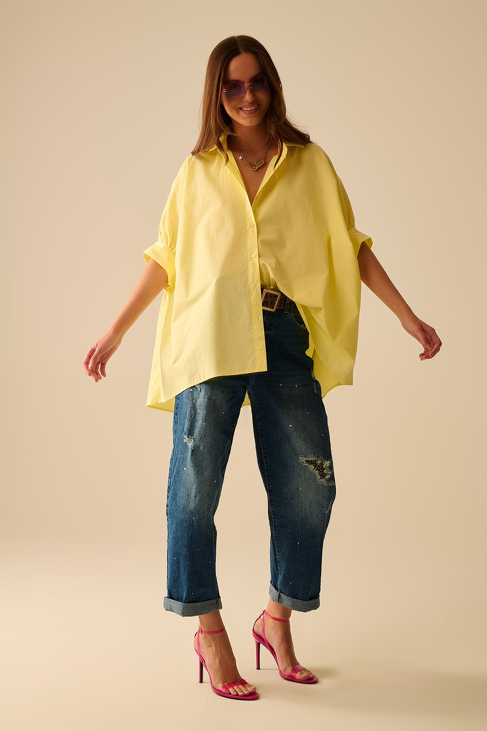 Yellow oversized blouse with short sleeve