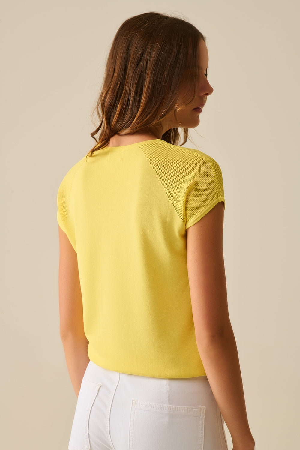Yellow Short Sleeve Sweater with knitted mesh on the shoulder