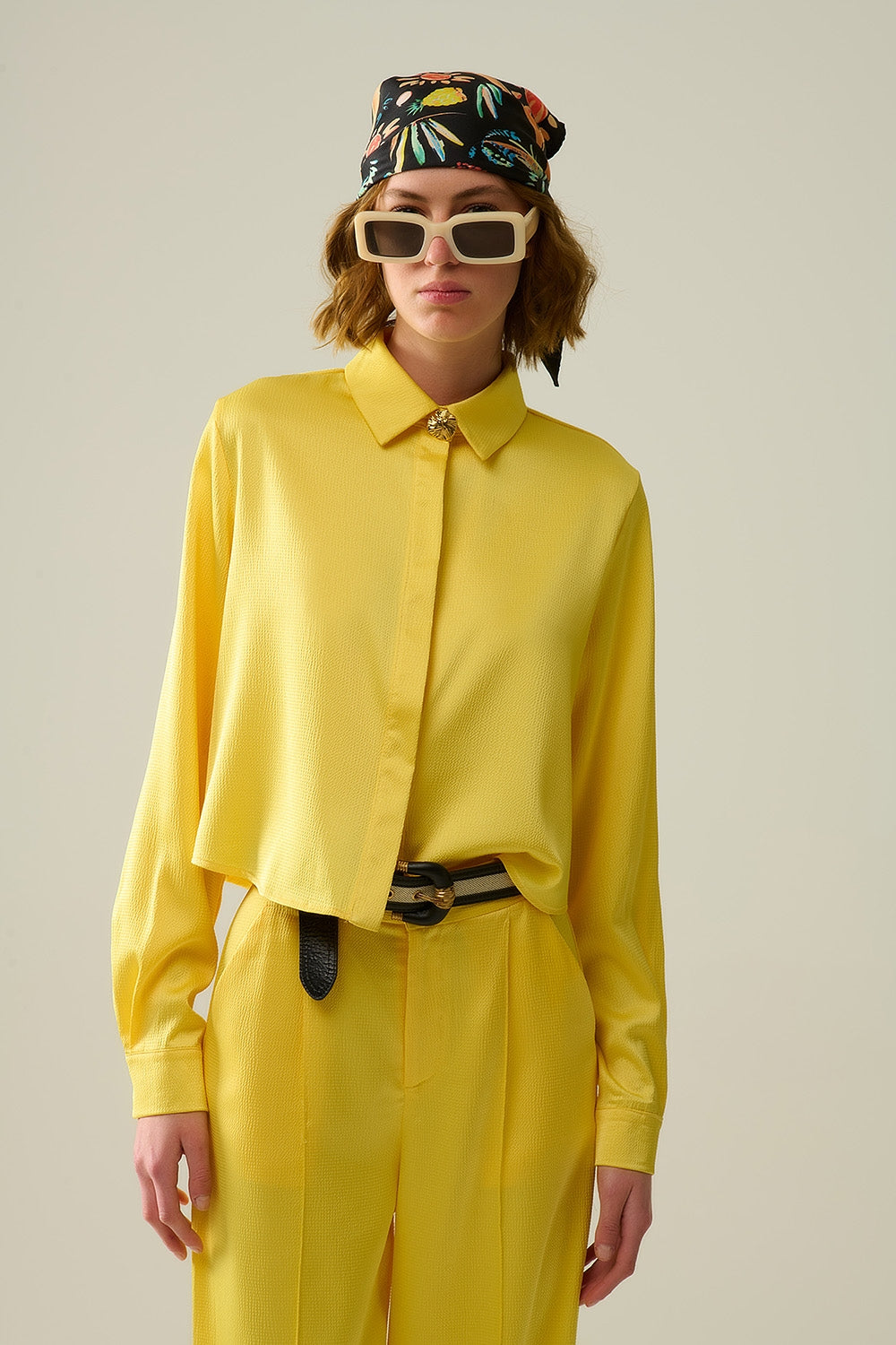 yellow short textured satin shirt