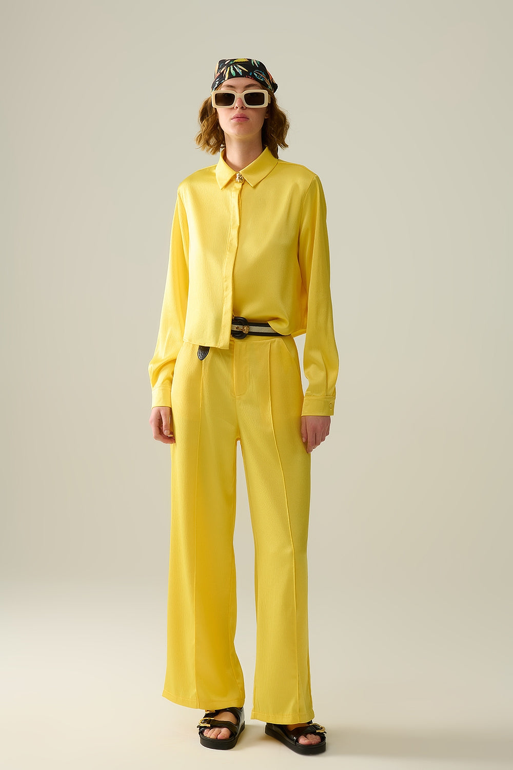 yellow short textured satin shirt