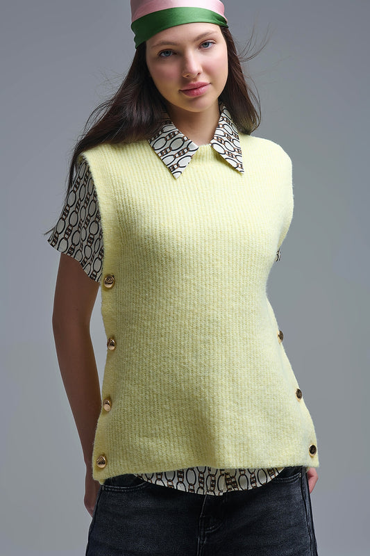 Q2 Yellow sleeveless sweater with gold buttons on side