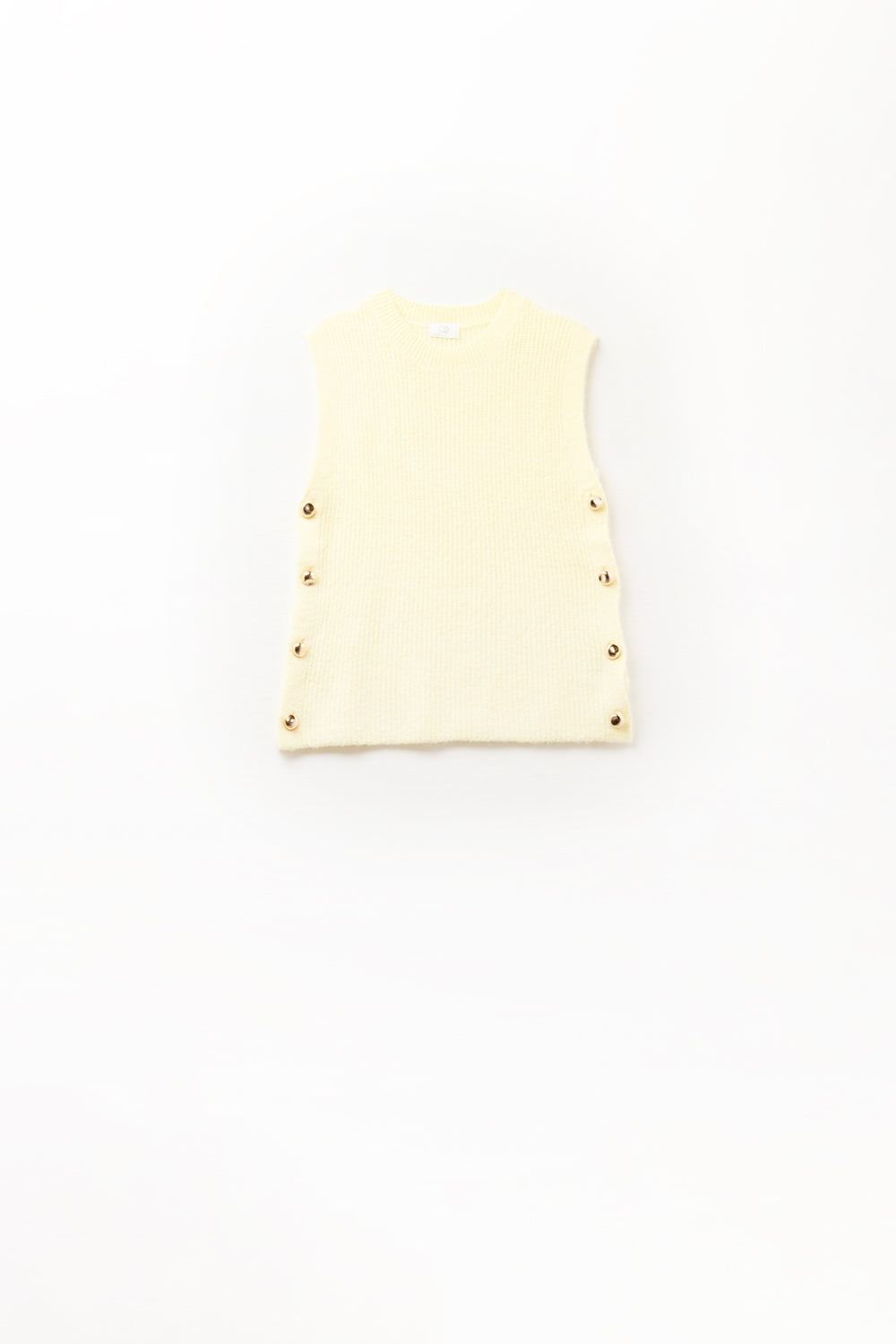 Yellow sleeveless sweater with gold buttons on side