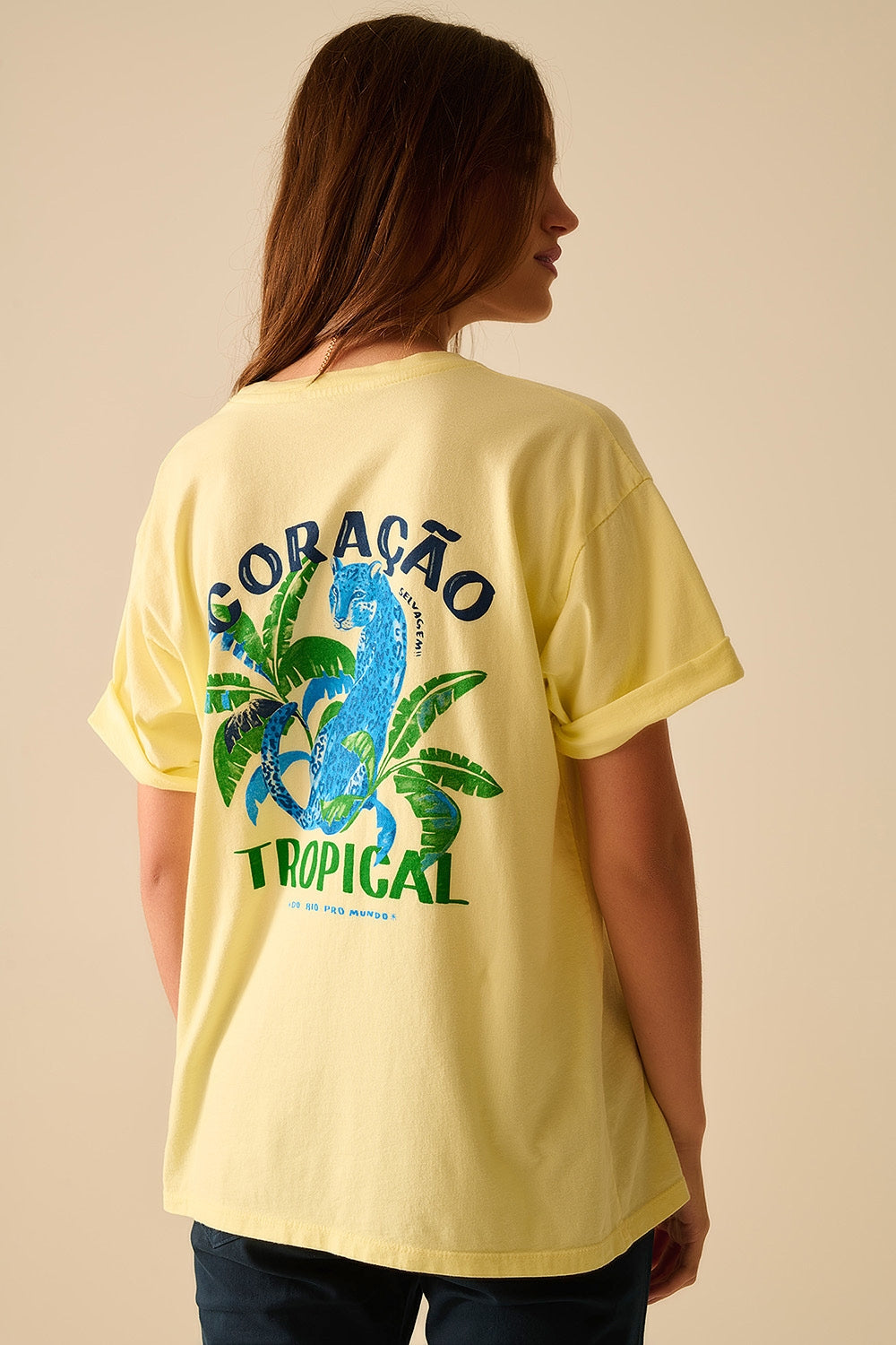 Yellow  t-shirt made in Italy with tropical graphic print