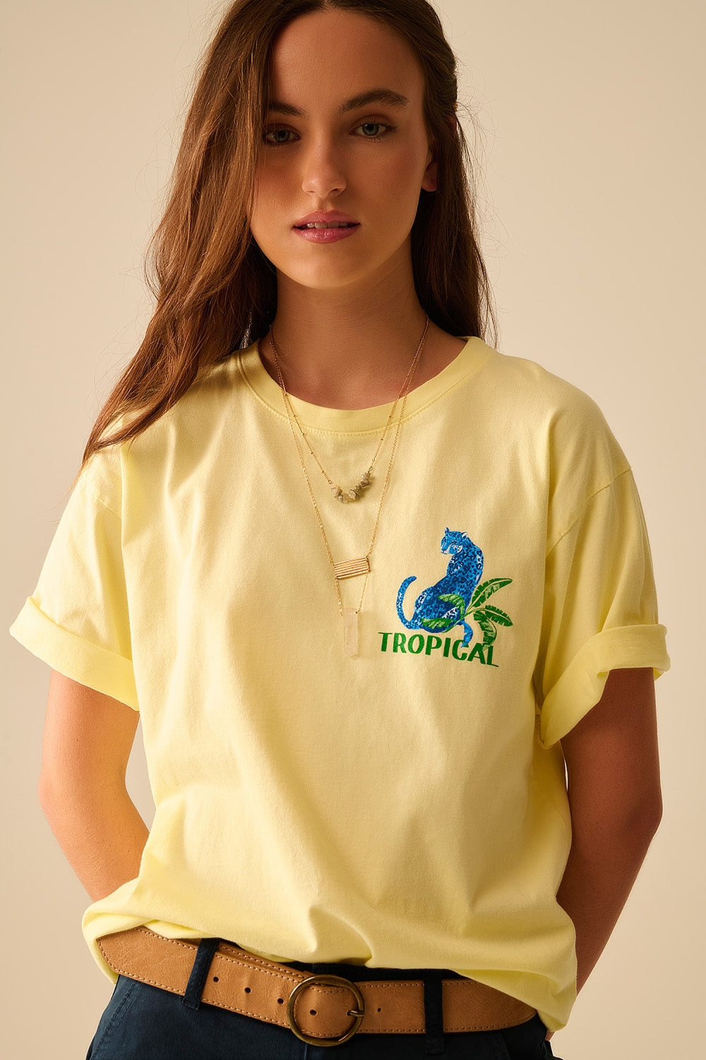 Yellow  t-shirt made in Italy with tropical graphic print